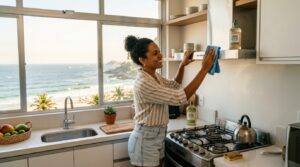 Uma mulher negra e sorridente, com o cabelo preso em um coque, está limpando a coifa de aço inox do fogão em uma cozinha bem iluminada. Ela usa um pano de microfibra azul e há frascos de "Sabão Neutro" na bancada e sobre a coifa. A cozinha possui uma grande janela de vidro que oferece uma vista panorâmica de uma praia ensolarada e do mar azul.