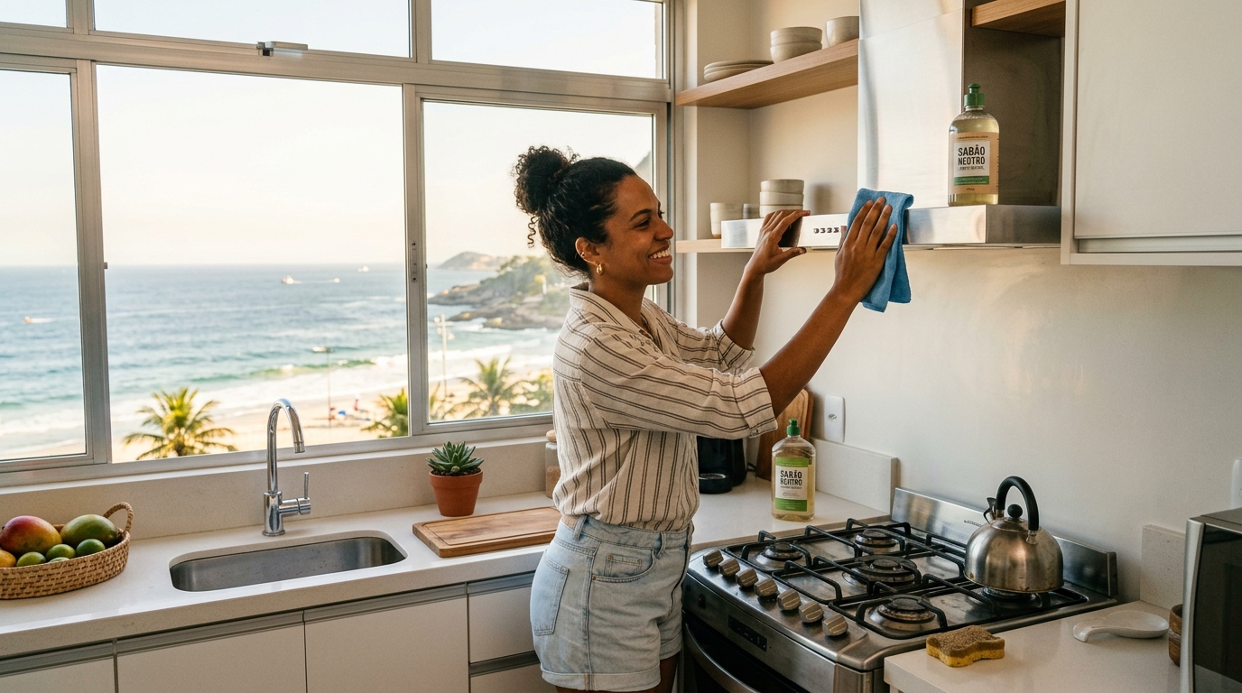 Uma mulher negra e sorridente, com o cabelo preso em um coque, está limpando a coifa de aço inox do fogão em uma cozinha bem iluminada. Ela usa um pano de microfibra azul e há frascos de "Sabão Neutro" na bancada e sobre a coifa. A cozinha possui uma grande janela de vidro que oferece uma vista panorâmica de uma praia ensolarada e do mar azul.