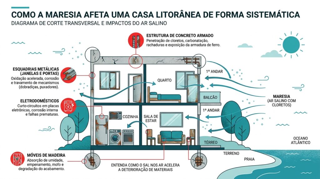 Infográfico intitulado "COMO A MARESIA AFETA UMA CASA LITORÂNEA DE FORMA SISTEMÁTICA". A imagem mostra o desenho de um corte transversal de uma casa de dois andares de frente para o mar. Setas azuis indicam o vento trazendo a maresia para dentro dos cômodos. Círculos vermelhos com ícones e textos explicativos apontam os danos causados: rachaduras e oxidação na "Estrutura de concreto armado", ferrugem nas "Esquadrias metálicas", corrosão e curtos-circuitos nos "Eletrodomésticos" (geladeira e máquina de lavar), e umidade e mofo nos "Móveis de madeira" da sala.