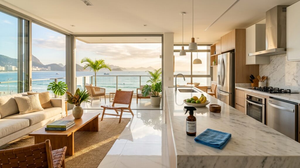 Uma sala de estar e cozinha integradas, com design moderno, piso claro e muita iluminação natural. O ambiente possui portas de vidro do chão ao teto totalmente abertas para uma varanda, revelando uma vista deslumbrante de uma praia movimentada, do mar e de montanhas ao fundo (lembrando o Rio de Janeiro). A sala tem um sofá bege, poltronas de couro e plantas tropicais. Em primeiro plano, sobre a grande ilha de mármore branco da cozinha, repousam um frasco escuro de spray de limpeza e um pano azul dobrado.