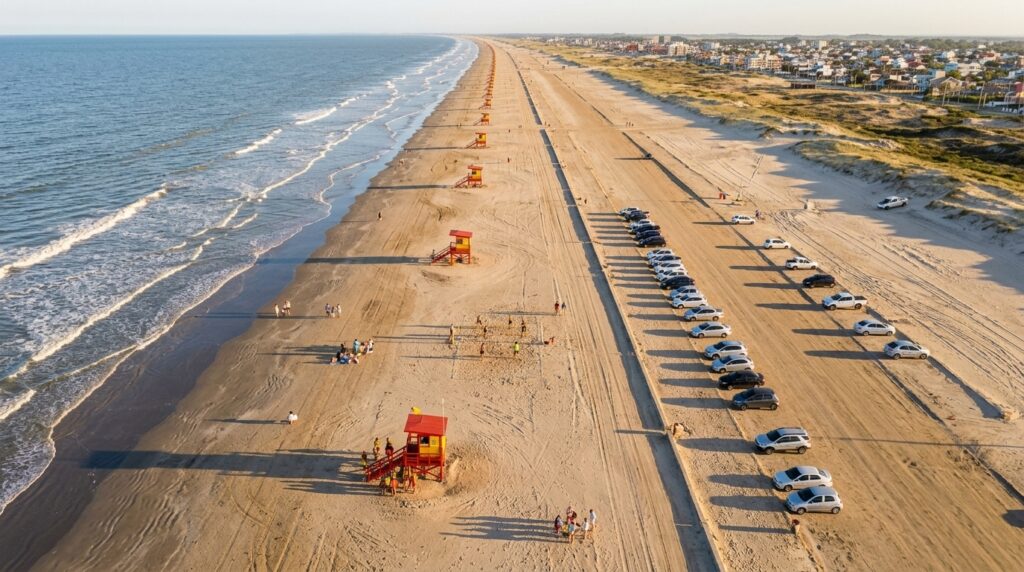 Vista aérea de uma praia extensa e retilínea em um dia ensolarado. Várias guaritas de guarda-vidas vermelhas estão alinhadas a intervalos regulares ao longo da faixa de areia, indo até o horizonte. Há pessoas na areia, algumas jogando vôlei. Mais ao fundo, separando a área de banhistas das casas e ruas da cidade litorânea, há uma longa e organizada fileira de carros estacionados diretamente na areia seca.