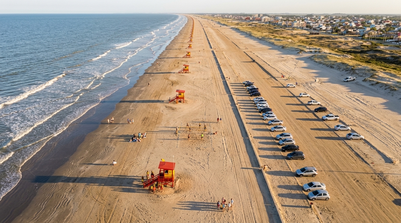 Vista aérea de uma praia extensa e retilínea em um dia ensolarado. Várias guaritas de guarda-vidas vermelhas estão alinhadas a intervalos regulares ao longo da faixa de areia, indo até o horizonte. Há pessoas na areia, algumas jogando vôlei. Mais ao fundo, separando a área de banhistas das casas e ruas da cidade litorânea, há uma longa e organizada fileira de carros estacionados diretamente na areia seca.