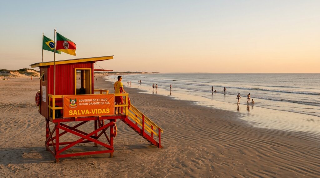 Uma guarita de madeira de guarda-vidas pintada de vermelho e amarelo na areia da praia durante o entardecer (ou amanhecer), com iluminação dourada. Um guarda-vidas está de pé na plataforma observando o mar calmo. Na guarita, há uma faixa do Governo do RS e as bandeiras do Brasil e do Rio Grande do Sul tremulando no topo. Alguns banhistas caminham na parte rasa da água à direita.