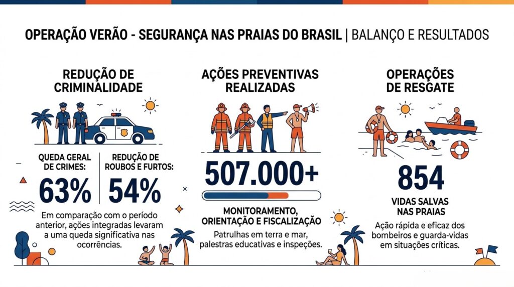 Infográfico com o título "Operação Verão - Segurança nas Praias do Brasil | Balanço e Resultados". Ele é dividido em três colunas com ilustrações simples: 1. "Redução de Criminalidade", mostrando 63% de queda geral de crimes e 54% de redução de roubos e furtos. 2. "Ações Preventivas Realizadas", destacando o número "507.000+" para monitoramento, orientação e fiscalização. 3. "Operações de Resgate", destacando o número "854 vidas salvas nas praias".
