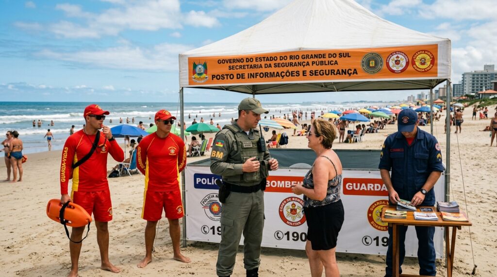 Tenda branca montada na areia com a faixa "Governo do Estado do Rio Grande do Sul - Posto de Informações e Segurança". Uma mulher civil conversa com um policial militar fardado. Ao lado esquerdo deles, há dois guarda-vidas de pé segurando um flutuador de resgate. Do lado direito, sob a tenda, um bombeiro organiza folhetos informativos sobre uma pequena mesa. A praia está lotada de guarda-sóis e banhistas ao fundo.