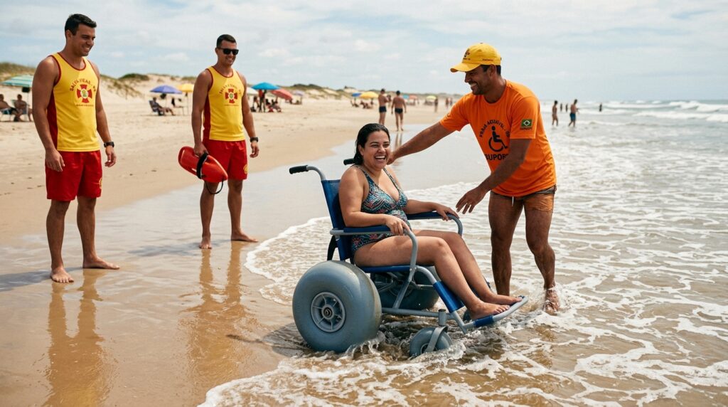 Uma mulher sorridente em uma cadeira de rodas anfíbia (com pneus grossos adaptados para a areia) está sendo puxada de costas para sair do mar por um guarda-vidas vestindo camiseta laranja. Outros dois guarda-vidas, com uniformes vermelhos e amarelos, estão de pé na parte rasa da água observando a cena e sorrindo. O dia está ensolarado e há outros banhistas ao fundo.