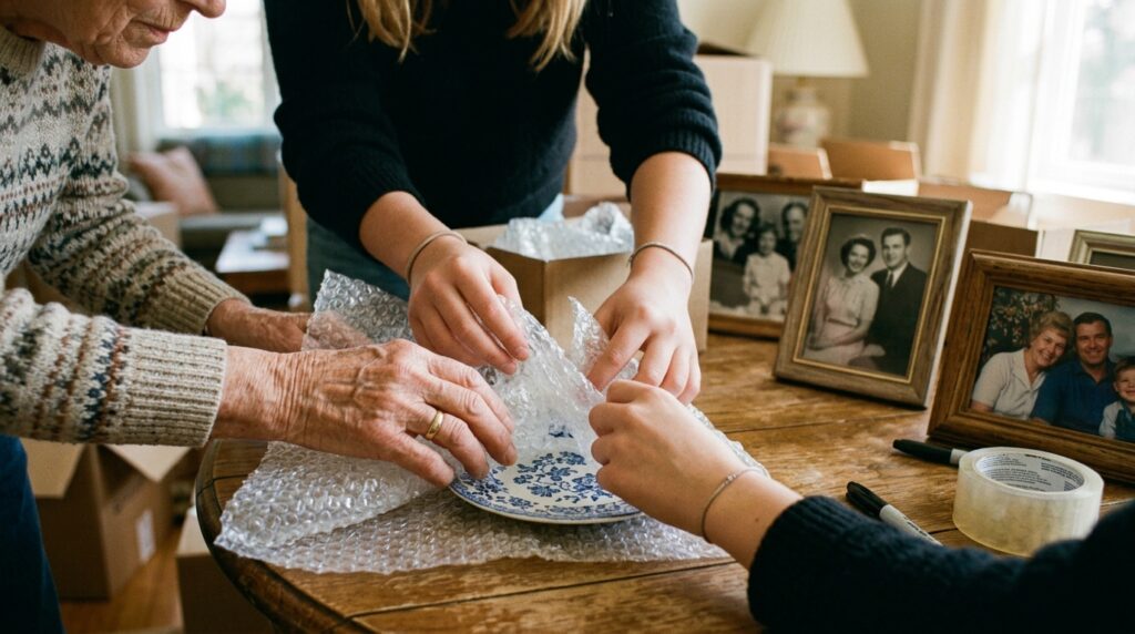 Close-up das mãos de duas pessoas, uma idosa vestindo suéter estampado e uma mais jovem de blusa escura, embalando cuidadosamente um prato de porcelana azul e branca com plástico bolha. Elas estão apoiadas sobre uma mesa de madeira. Ao redor, há vários porta-retratos com fotos antigas de família, um rolo de fita adesiva larga, uma caneta marcadora e caixas de papelão ao fundo, em um clima de união e preparação para mudança.
