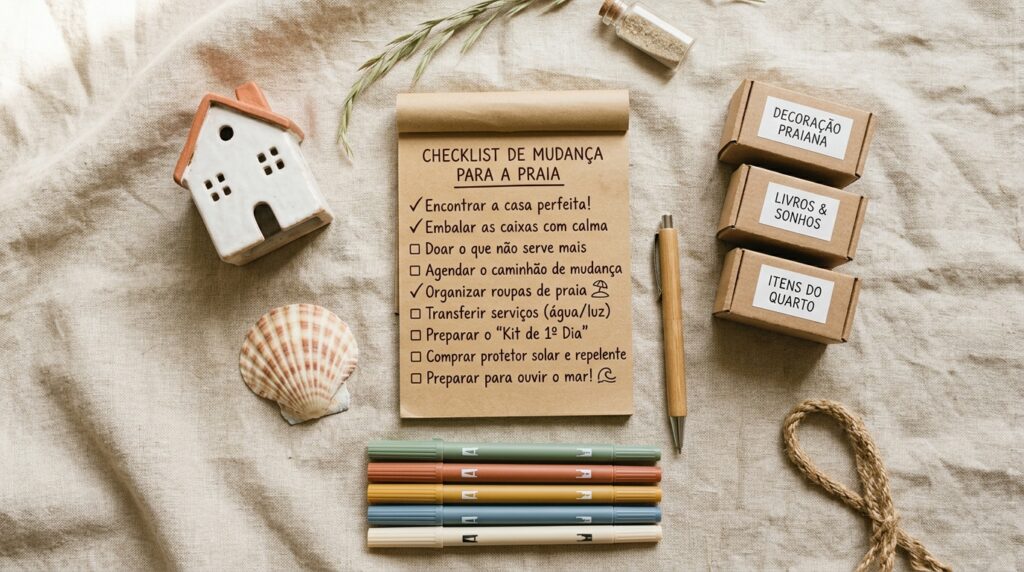 Fotografia vista de cima (estilo flat lay) sobre um tecido de linho bege. No centro, um bloco de notas de papel pardo contém um texto escrito à mão: "CHECKLIST DE MUDANÇA PARA A PRAIA", com uma lista de tarefas onde algumas já estão marcadas com um "check". Ao redor do bloco, há elementos decorativos: uma miniatura de casinha branca, uma concha, um frasco pequeno com areia, uma caneta rústica, cinco canetas hidrográficas em tons pastéis, um pedaço de corda e três caixinhas de papelão em miniatura empilhadas com as etiquetas "DECORAÇÃO PRAIANA", "LIVROS & SONHOS" e "ITENS DO QUARTO".