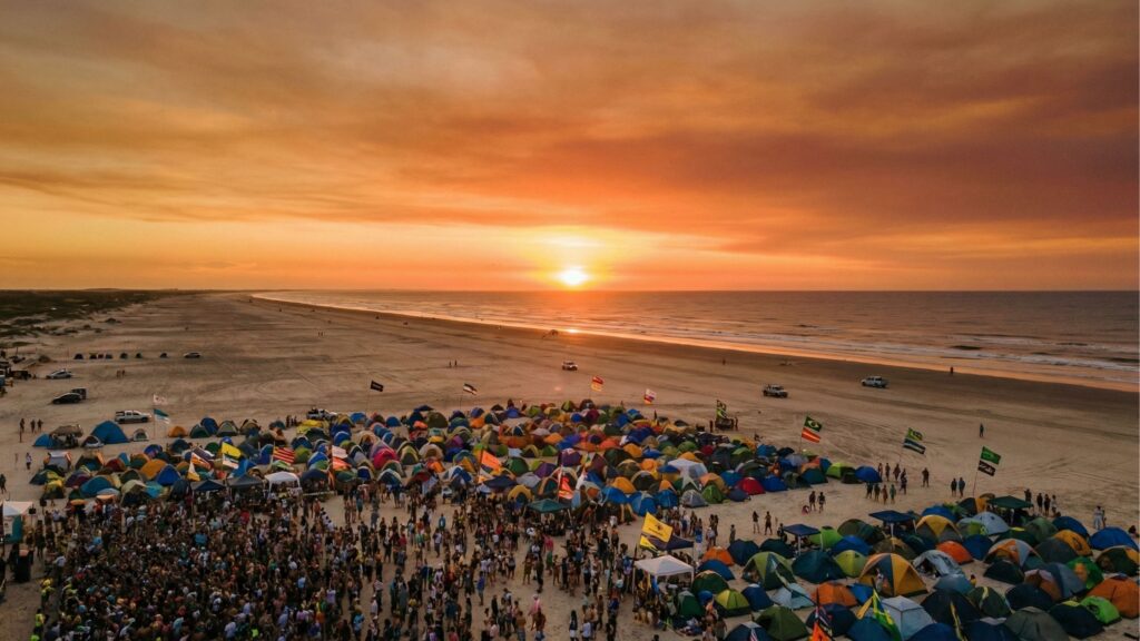 Vista aérea de uma praia com uma faixa de areia extremamente larga sob um pôr do sol com o céu em tons vibrantes de laranja. Em destaque na areia, há um imenso acampamento com centenas de barracas de camping coloridas e uma grande aglomeração de pessoas ao redor. Algumas bandeiras tremulam no acampamento e, ao longe, pequenos pontos mostram carros espalhados pela imensidão da praia perto do mar.