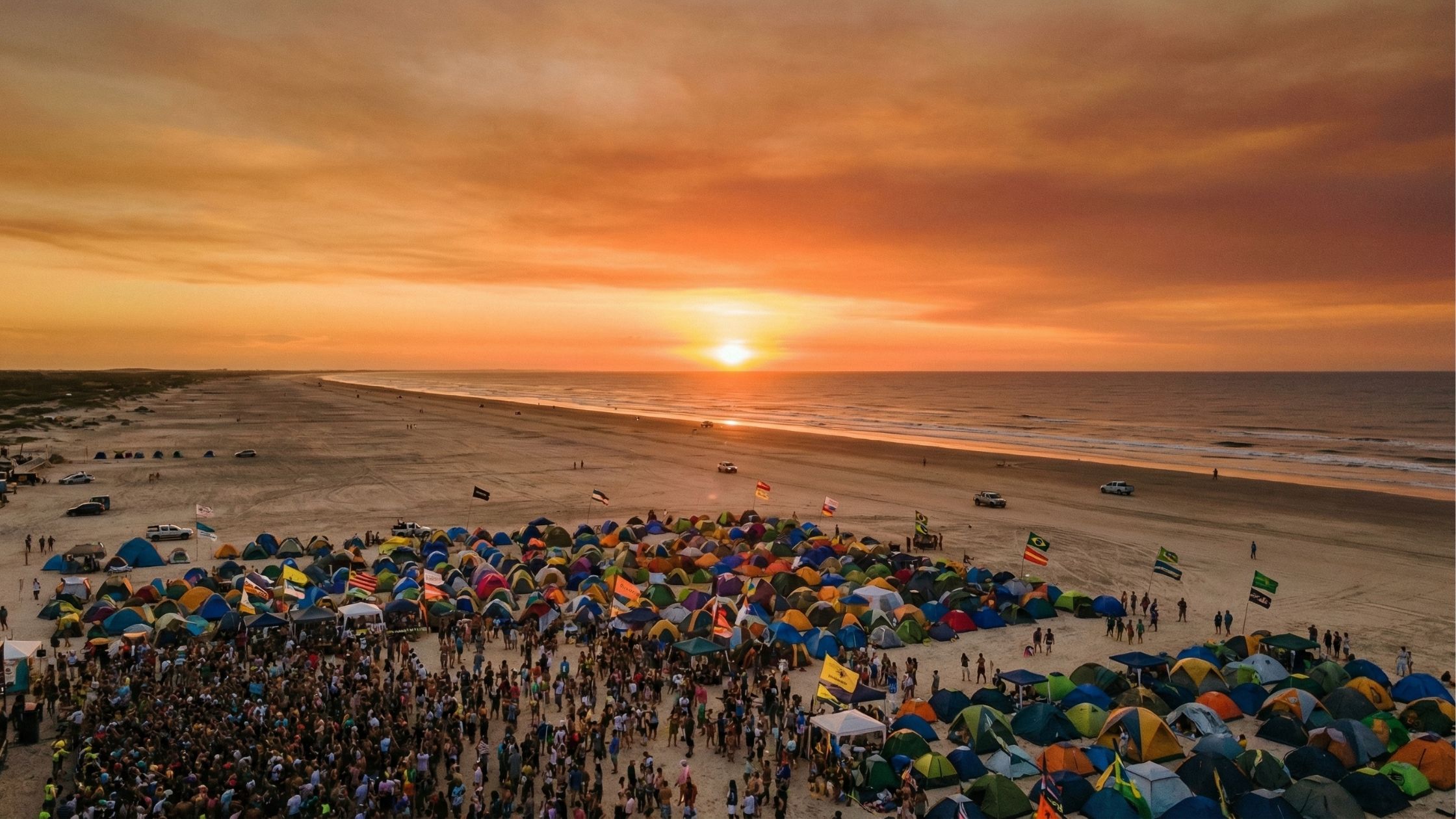 Vista aérea de uma praia com uma faixa de areia extremamente larga sob um pôr do sol com o céu em tons vibrantes de laranja. Em destaque na areia, há um imenso acampamento com centenas de barracas de camping coloridas e uma grande aglomeração de pessoas ao redor. Algumas bandeiras tremulam no acampamento e, ao longe, pequenos pontos mostram carros espalhados pela imensidão da praia perto do mar.