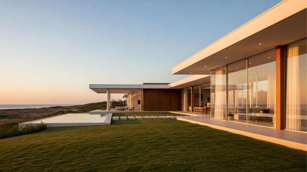 Fachada de casa de luxo moderna na Praia do Cassino com arquitetura minimalista, piscina de borda infinita e gramado ao pôr do sol.