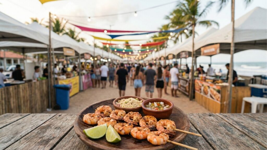 Em primeiro plano, sobre uma mesa rústica de madeira, há um prato com espetinhos de camarões grelhados, fatias de limão e pequenas tigelas com farofa e vinagrete. Ao fundo, levemente desfocado, vê-se um movimentado festival ou feira gastronômica na areia da praia, com tendas brancas, pessoas circulando, varais de luzes e tecidos coloridos estendidos no alto.