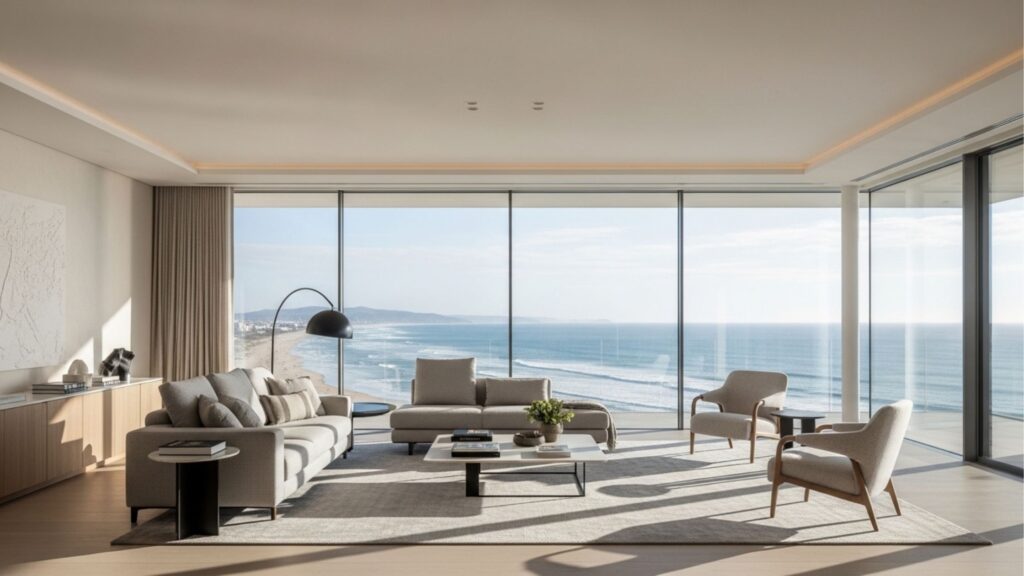 Sala de estar conceito aberto com móveis contemporâneos e grandes janelas de vidro com vista panorâmica para o mar na Praia do Cassino.