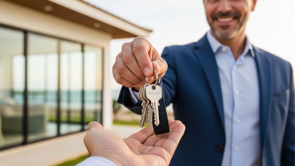 Corretor de imóveis entregando as chaves de uma casa de alto padrão para novo proprietário em frente à residência na Praia do Cassino.