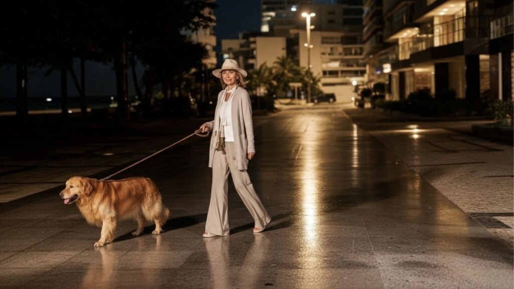 Mulher elegante com chapéu caminha com seu cachorro Golden Retriever em um calçadão iluminado à noite, com edifícios modernos ao fundo.