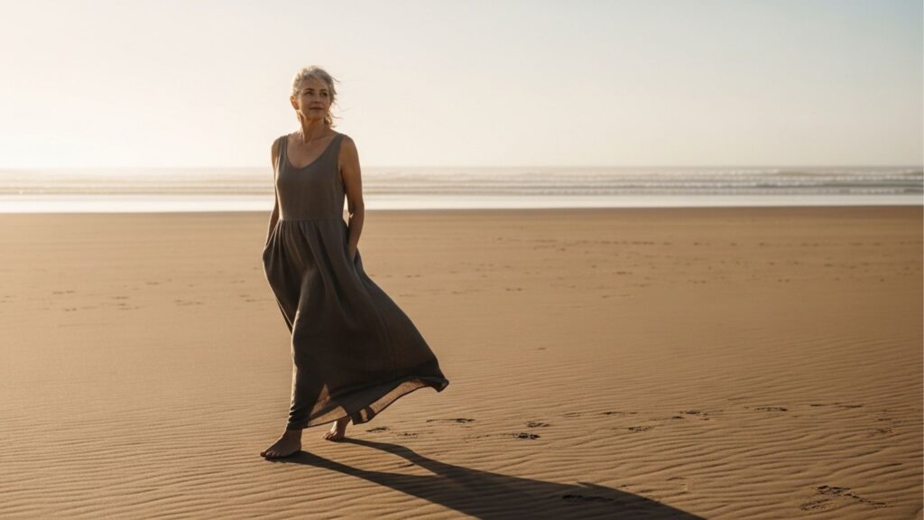 Mulher de cabelos grisalhos vestindo um vestido longo caminha descalça pela areia de uma praia deserta durante o pôr do sol, transmitindo serenidade e estilo de vida litorâneo.