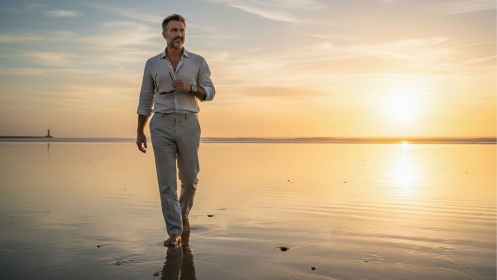 Homem de meia-idade caminhando descalço na areia da praia ao entardecer, ilustrando a exclusividade e o bem-estar de residir em localizações com alta valorização de imóveis.