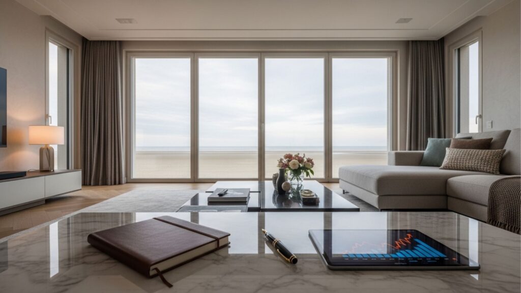 Sala de estar moderna e minimalista com pé-direito alto e vista panorâmica para o oceano. Mesa de mármore em primeiro plano com tablet exibindo gráficos de crescimento financeiro e valorização imobiliária.