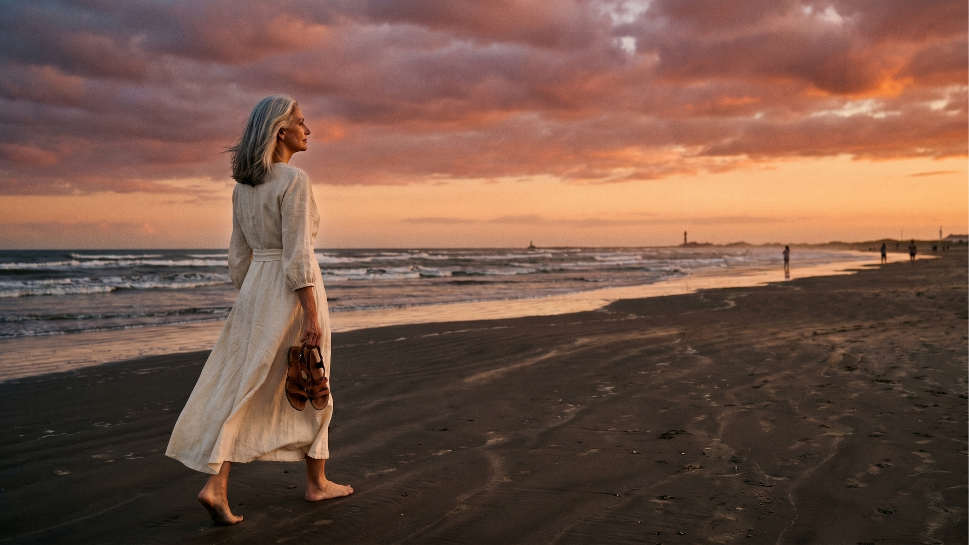 Mulher de cabelos grisalhos caminhando descalça na areia da praia durante o pôr do sol. Ela veste um vestido longo e claro, com as mangas levemente arregaçadas, e segura suas sandálias em uma das mãos, olhando para o horizonte. O céu apresenta tons dramáticos e vibrantes de rosa, laranja e roxo, que refletem na areia molhada. Ao fundo, o mar com ondas calmas e silhuetas de outras pessoas caminhando ao longe.