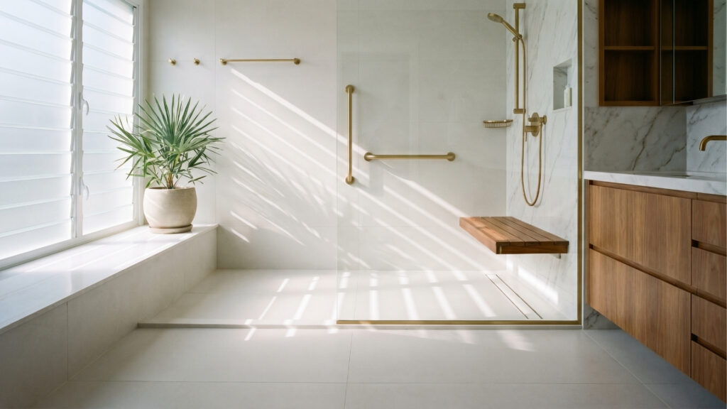 Interior de um banheiro moderno, claro e projetado com recursos de acessibilidade. A área do chuveiro é ampla e sem degraus (estilo walk-in), separada por uma folha de vidro transparente. Possui barras de apoio metálicas em tom dourado fixadas nas paredes e um banco de madeira articulado (dobrável) para banho. A luz do sol entra por uma grande janela com persianas, criando sombras listradas no chão e iluminando um vaso com planta verde. O ambiente é complementado por um balcão de pia de madeira com bancada de mármore branco.