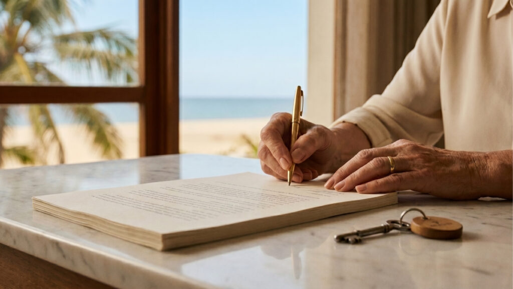 Fotografia em close-up das mãos de uma pessoa idosa assinando uma pilha de documentos (um contrato) com uma caneta dourada sobre uma mesa de mármore claro. A pessoa usa uma aliança de ouro. Ao lado dos papéis, repousa uma chave com um chaveiro redondo de madeira. Ao fundo, desfocada através de uma janela, há a vista de uma paisagem ensolarada mostrando areia, mar e a folha de uma palmeira.