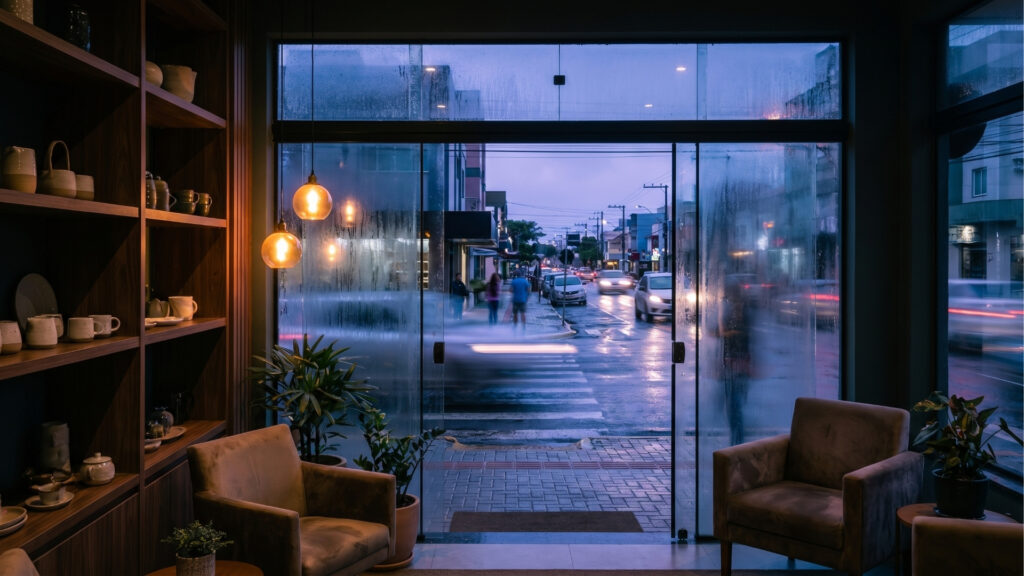Vista do interior de um ambiente aconchegante com pouca luz, possivelmente uma loja ou café, olhando para a rua através de grandes portas de vidro embaçadas por gotas de chuva. O lado de dentro possui iluminação quente vinda de lâmpadas pendentes, duas poltronas de veludo confortáveis, plantas em vasos e uma estante de madeira à esquerda exibindo peças de cerâmica. Do lado de fora, é o início da noite (entardecer). A rua úmida exibe o movimento de pedestres na calçada e carros passando, com os faróis criando rastros de luz devido ao efeito de movimento (motion blur).