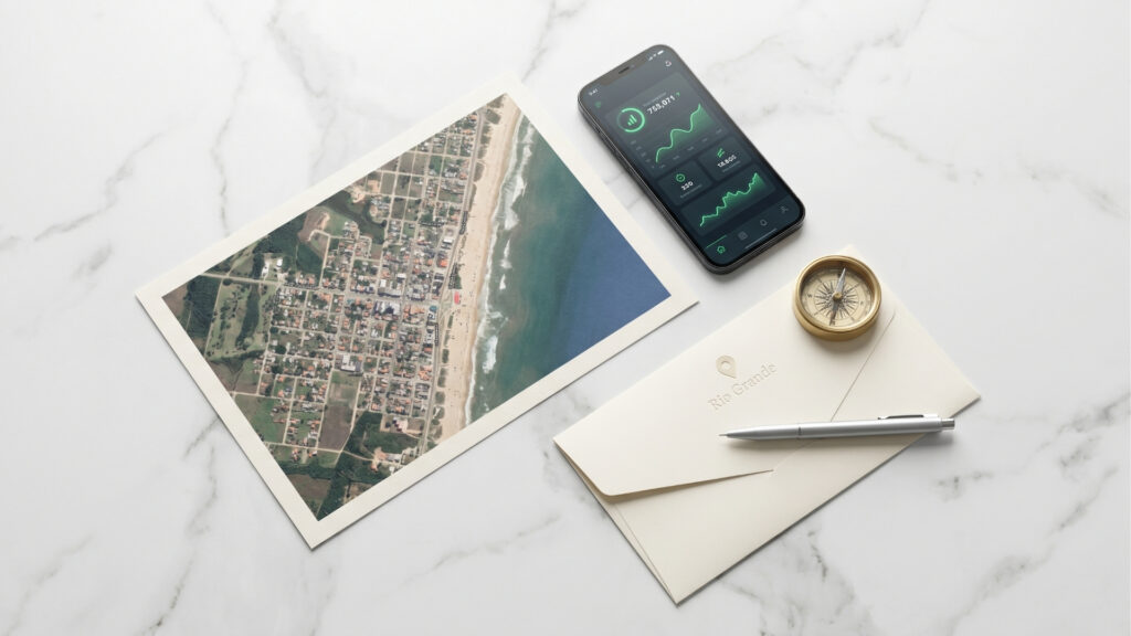 Composição vista de cima (estilo flat lay) organizada sobre uma superfície de mármore branco com veios cinzas. Os objetos incluem: uma fotografia impressa mostrando a vista aérea de uma cidade litorânea (destacando o mar, a faixa de areia e os quarteirões); um smartphone com a tela ligada exibindo um painel financeiro escuro com gráficos de linha ascendentes em verde neon; uma bússola dourada clássica; um envelope de papel creme com um ícone de localização e a inscrição "Rio Grande" em relevo; e uma caneta prateada repousando sobre o envelope.