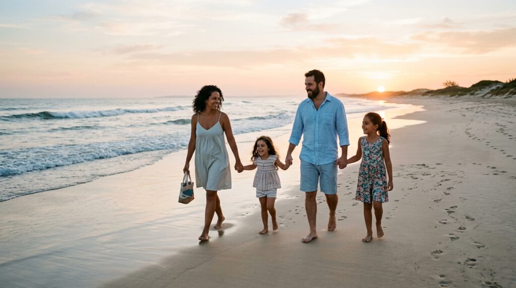 Uma família de quatro pessoas (pai, mãe e duas filhas pequenas) caminhando de mãos dadas e sorrindo na beira da água em uma praia durante o pôr do sol. Eles estão descalços, vestindo roupas leves de verão. A luz dourada do sol ilumina a cena, com ondas calmas quebrando ao fundo.