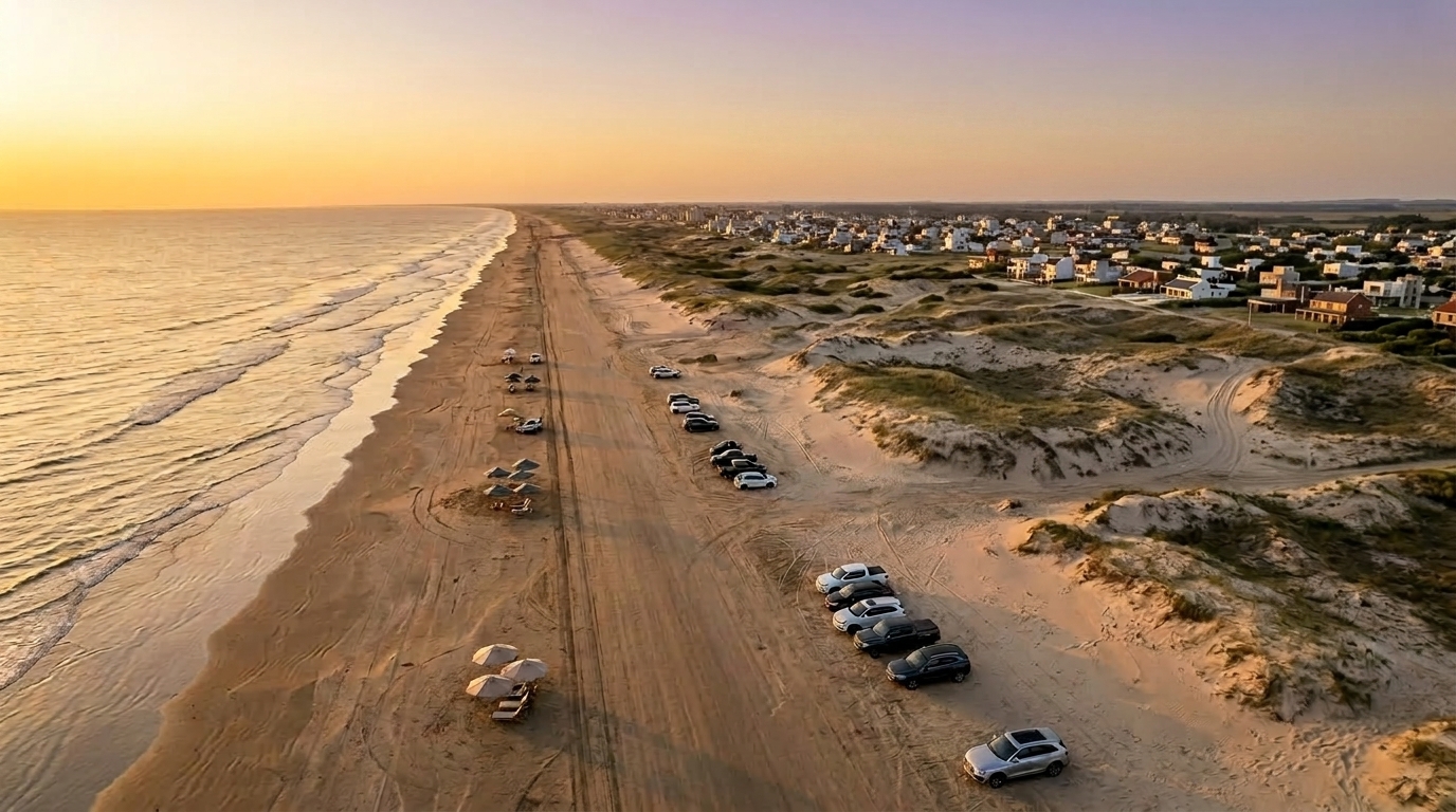Vista aérea de uma extensa faixa de areia na praia durante o entardecer. À esquerda, o mar com ondas suaves e alguns guarda-sóis montados na areia; no centro, vários carros e caminhonetes estão estacionados diretamente na areia; à direita, dunas com manchas de vegetação verde se estendem até uma cidade litorânea com dezenas de casas visíveis ao fundo, sob um céu alaranjado.