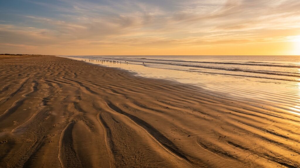 Vista panorâmica em ângulo baixo de uma praia extremamente larga e deserta sob a luz dourada do sol nascente ou poente. A areia em primeiro plano exibe uma textura marcante cheia de sulcos, ondulações e marcas longitudinais moldadas pelo vento e pela movimentação da água. À direita, o mar espelhado reflete com intensidade o brilho amarelo e alaranjado do céu limpo. Ao longe, na faixa onde as ondas tocam a areia, um pequeno bando de aves marinhas aparece alinhado.