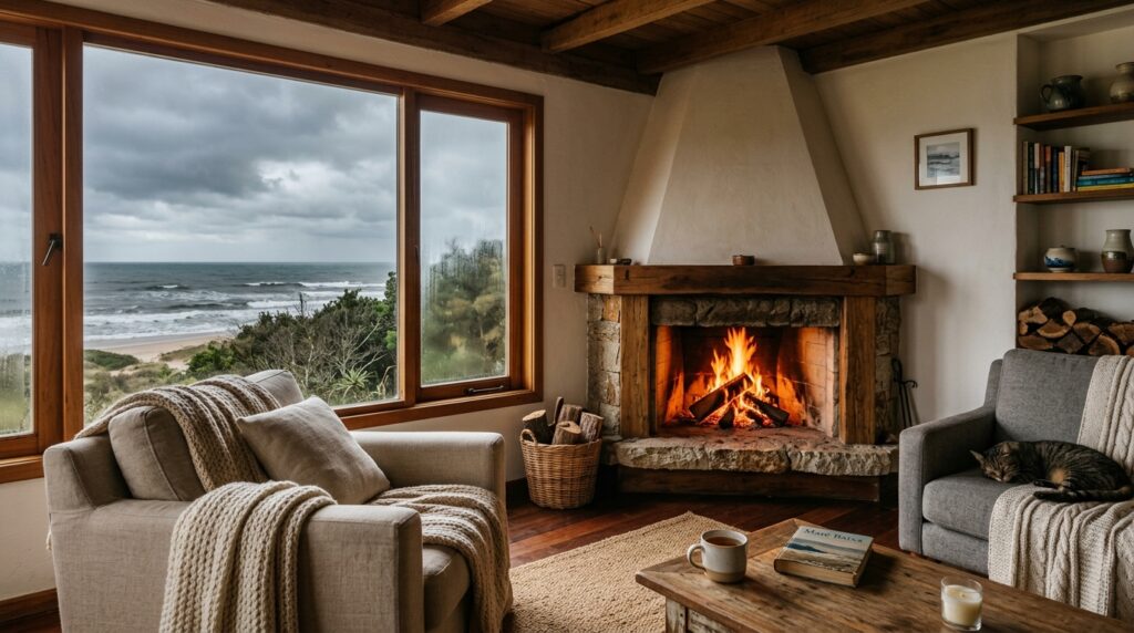 O interior acolhedor de uma sala de estar com uma arquitetura rústica em um dia de inverno. À direita, uma lareira de pedra com moldura de madeira abriga lenhas queimando em chamas vivas e amareladas. À esquerda, uma ampla janela panorâmica de madeira emoldura uma vista dramática do oceano revolto com ondas brancas sob um céu cinzento e carregado de nuvens pesadas. O ambiente interno é decorado com uma poltrona confortável coberta por uma manta de tricô grossa, um sofá cinza onde um gato rajado dorme profundamente, e uma mesa de centro de madeira que apoia uma caneca fumegante e um livro