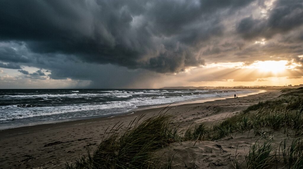 Uma impressionante paisagem costeira que retrata a transição de uma forte tempestade. O céu está dividido: do lado esquerdo, nuvens de tempestade extremamente escuras, densas e carregadas cobrem o oceano agitado, que exibe ondas com cristas de espuma branca indicando ventos fortes. Do lado direito, o sol consegue romper o bloqueio nebuloso, projetando raios de luz crepusculares brilhantes que iluminam a faixa de areia ao longe. Em primeiro plano, dunas de areia cobertas por gramíneas e vegetação de praia balançam vigorosamente.