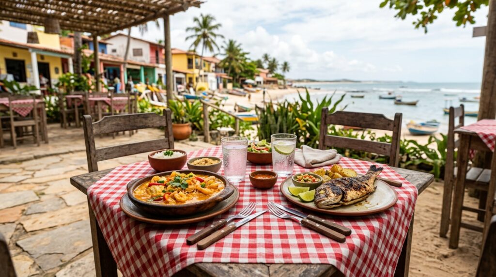 Texto Alternativo: Mesa de madeira posta na área externa de um restaurante rústico à beira-mar, coberta por uma tradicional toalha de padrão xadrez em vermelho e branco. Sobre ela, é servida uma refeição típica de frutos do mar: uma panela de barro com um ensopado ou moqueca capixaba fumegante, tigelas com arroz branco e farofa, além de um prato com um peixe inteiro grelhado acompanhado de batatas assadas e fatias de limão. Dois copos com água e rodelas de limão completam a mesa. O restaurante possui cobertura de pergolado de madeira e oferece vista direta para uma praia de areia clara com barcos de pesca ancorados na água ao fundo.