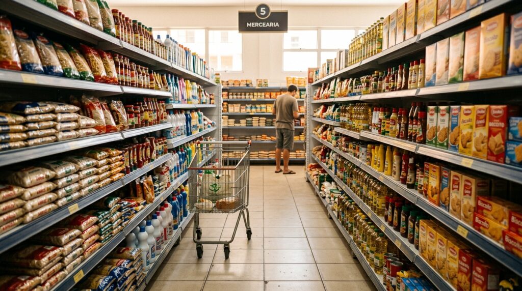 Texto Alternativo: Vista em perspectiva de um corredor de supermercado longo e bem abastecido, iluminado por luzes claras. À esquerda, prateleiras altas exibem pacotes de alimentos básicos empilhados, como arroz e feijão, além de produtos de limpeza na parte inferior. À direita, organizam-se fileiras de óleos de cozinha, condimentos, molhos e caixas de biscoito. No centro do corredor, em primeiro plano, há um carrinho de compras metálico. Ao fundo, um homem de camiseta cinza e bermuda aparece de costas, observando os produtos. Uma placa retangular preta suspensa no teto exibe o número 5 e a palavra "MERCEARIA".