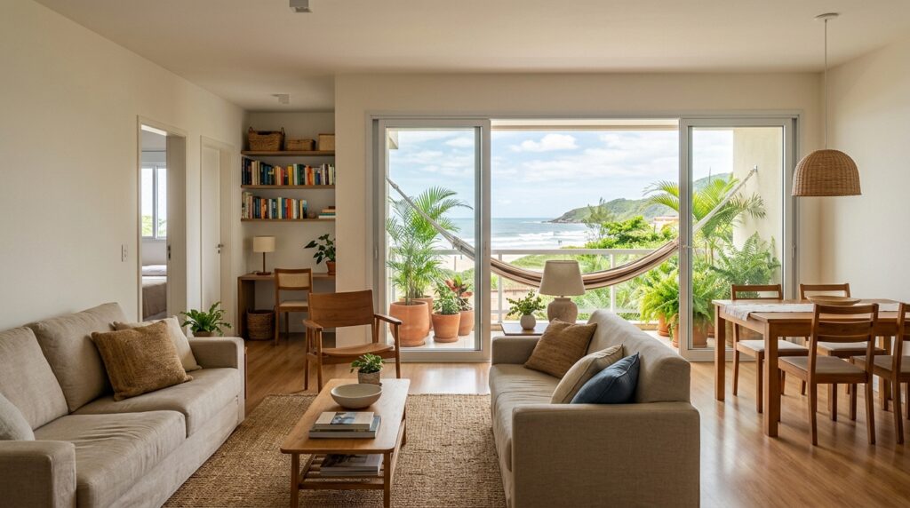 Texto Alternativo: Interior de uma sala de estar e jantar integrada de uma casa de praia, decorada de forma ampla, clean e minimalista com tons neutros. A área de estar conta com dois sofás confortáveis dispostos sobre um tapete de fibra natural, centralizados por uma mesa de centro de madeira com livros e adornos. À direita, destaca-se uma mesa de jantar de madeira clara com cadeiras combinando. Ao fundo, grandes portas de vidro de correr revelam uma varanda ensolarada com plantas tropicais em vasos de argila, uma rede de descanso listrada armada e uma vista panorâmica para o mar aberto com colinas verdes ao longe.