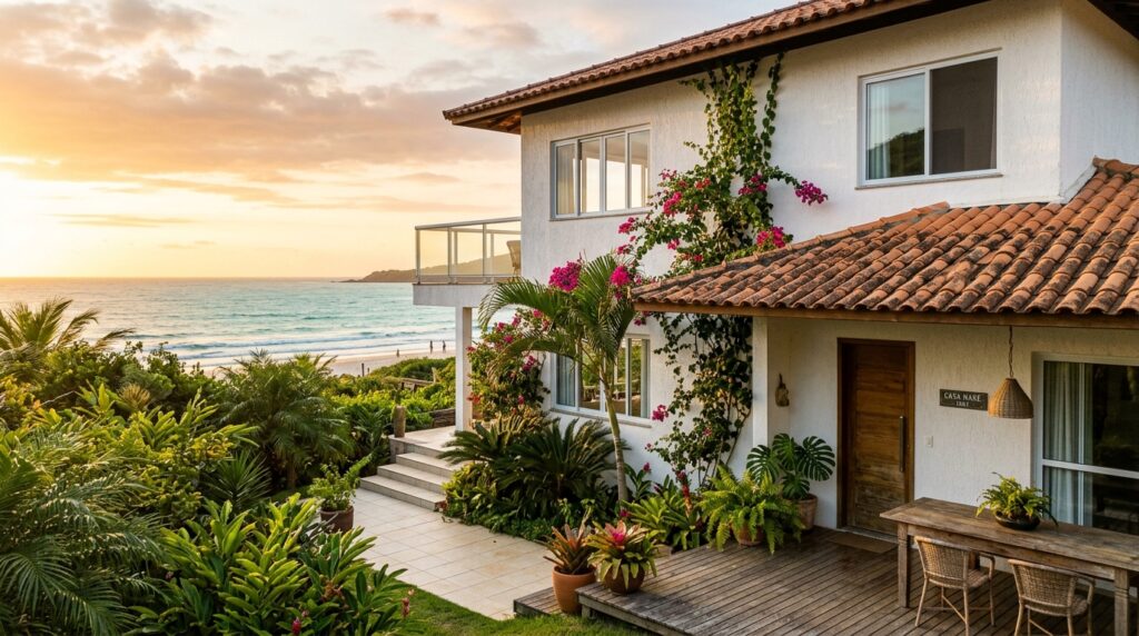 Fotografia de uma elegante casa branca de dois andares, localizada de frente para o mar. A residência possui telhado de telhas de barro, uma varanda com guarda-corpo de vidro no andar superior e um deck de madeira no térreo, mobiliado com uma mesa e cadeiras rústicas. A fachada é cercada por um jardim tropical exuberante, incluindo palmeiras e primaveras (bougainvilleas) com flores rosa. Ao fundo, a praia e o oceano são iluminados pela luz dourada de um pôr do sol.