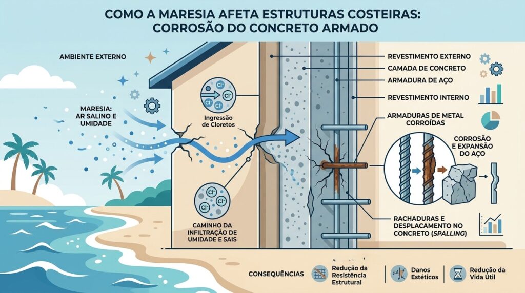 Infográfico didático com o título "Como a maresia afeta estruturas costeiras: Corrosão do concreto armado". A imagem exibe o corte transversal da parede de uma casa de praia, mostrando suas camadas (revestimento, concreto e armadura de aço). Setas indicam a umidade e o ar salino penetrando por uma rachadura externa. Balões de ampliação detalham o ingresso de cloretos, a corrosão das barras de aço no interior da parede e a consequente expansão do metal, que causa novas rachaduras e o desplacamento do concreto (spalling). Na base do infográfico, ícones listam as consequências: redução da resistência estrutural, danos estéticos e redução da vida útil.