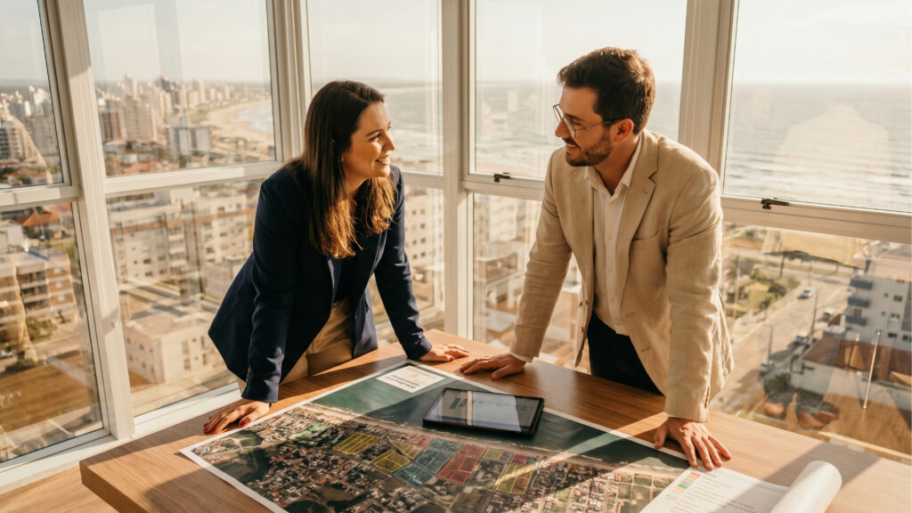 Fotografia de dois profissionais (uma mulher de blazer escuro e um homem de óculos e blazer claro) conversando e sorrindo um para o outro enquanto estão em pé, debruçados sobre uma mesa de madeira. Em cima da mesa há um grande mapa impresso mostrando a vista aérea de uma cidade com vários lotes demarcados em cores diferentes, um tablet exibindo gráficos e um projeto enrolado. Eles estão em um escritório no alto de um prédio, com grandes janelas de vidro que oferecem uma vista panorâmica e ensolarada de uma cidade litorânea com praia e edifícios ao fundo.