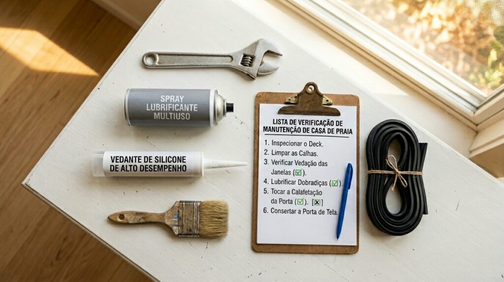 Vista aérea em estilo flat lay de ferramentas e materiais de reparo dispostos de forma organizada sobre uma mesa branca próxima a uma janela iluminada pelo sol. Alinhados à esquerda, veem-se uma chave inglesa ajustável de metal, uma lata de "SPRAY LUBRIFICANTE MULTIUSO", um tubo aplicador de "VEDANTE DE SILICONE DE ALTO DESEMPENHO" e um pincel com cabo de madeira. Ao centro, uma prancheta segura uma folha com o título "LISTA DE VERIFICAÇÃO DE MANUTENÇÃO DE CASA DE PRAIA", exibindo itens checados com marcas verdes e uma caneta azul ao lado. À direita, há um rolo de fita de vedação de borracha preta amarrado com barbante.
