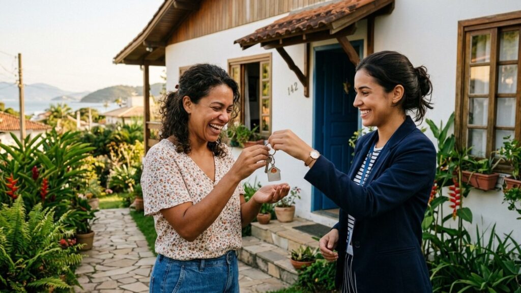 Fotografia de duas mulheres em frente a uma casa branca com detalhes em madeira e porta azul. A mulher à direita, vestindo um blazer azul-marinho, sorri enquanto entrega um molho de chaves (com um chaveiro em formato de casinha) para a mulher à esquerda. A mulher que recebe as chaves veste uma blusa floral e dá um sorriso largo e emocionado. A casa é cercada por um caminho de pedras e um jardim tropical. Ao fundo, é possível ver parte do mar e morros sob um céu claro.