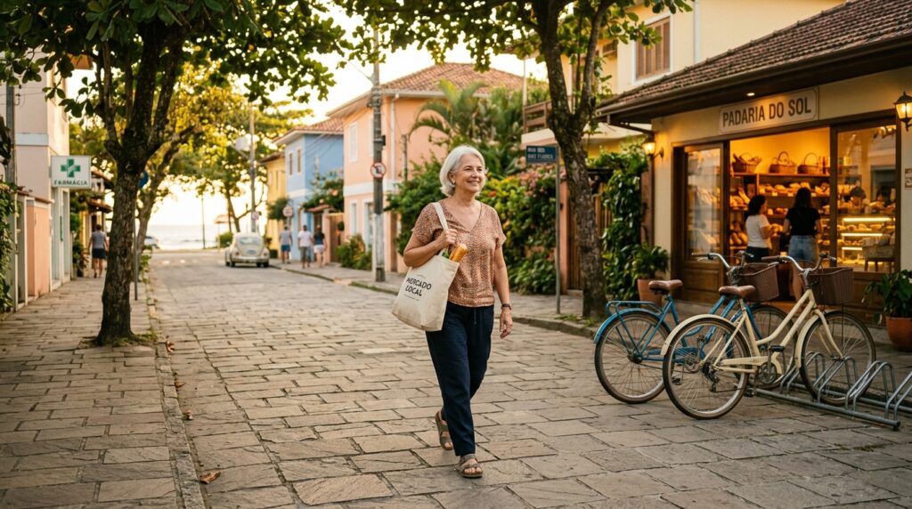 Fotografia de uma mulher de cabelos grisalhos caminhando sorridente por uma charmosa rua litorânea de paralelepípedos. Ela carrega no ombro uma ecobag de algodão com a inscrição "Mercado Local", de onde desponta uma baguete de pão. A rua arborizada é cercada por casas coloridas de estilo colonial. À direita, destaca-se a vitrine aconchegante da "Padaria do Sol", com duas bicicletas com cestinhas estacionadas na frente. À esquerda, nota-se a placa de uma "Farmácia". Ao fundo da rua, vê-se o horizonte do mar iluminado pela luz dourada do entardecer.