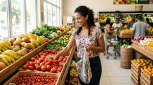 Fotografia do interior de um supermercado ou hortifrúti farto e bem iluminado. Em primeiro plano, uma mulher com blusa estampada floral sorri enquanto escolhe tomates frescos em caixas rústicas de madeira, segurando uma sacola de pano retornável na outra mão. A seção exibe uma grande variedade de produtos coloridos e organizados, incluindo bananas, mangas, pimentões e folhas verdes. Ao fundo, ligeiramente desfocadas, outras pessoas também fazem suas compras nos corredores.