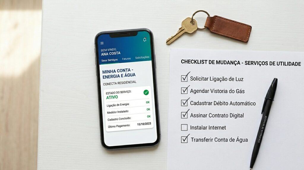 Fotografia vista de cima sobre uma superfície branca. À esquerda, um smartphone exibe um aplicativo aberto na tela "Minha Conta - Energia e Água", mostrando o status de serviço como "Ativo" em nome de Ana Costa. À direita, há um papel impresso intitulado "Checklist de Mudança - Serviços de Utilidade", exibindo uma lista de tarefas onde a maioria está marcada com um "check" (como solicitar ligação de luz, cadastrar débito automático e transferir conta de água). Uma caneta preta repousa sobre o papel e, na parte superior da imagem, há uma chave com um chaveiro de couro marrom.