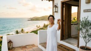Fotografia de uma mulher sorridente segurando uma chave em direção à câmera. Ela tem cabelos cacheados escuros, veste um vestido branco leve e está em pé na varanda de entrada de uma casa de paredes brancas. A porta de madeira está aberta e, no chão, há um capacho com a palavra "Bem-vindos". Ao fundo, a paisagem exibe uma bela vista costeira com praia, mar azul e morros verdes, iluminada pela luz quente do entardecer.
