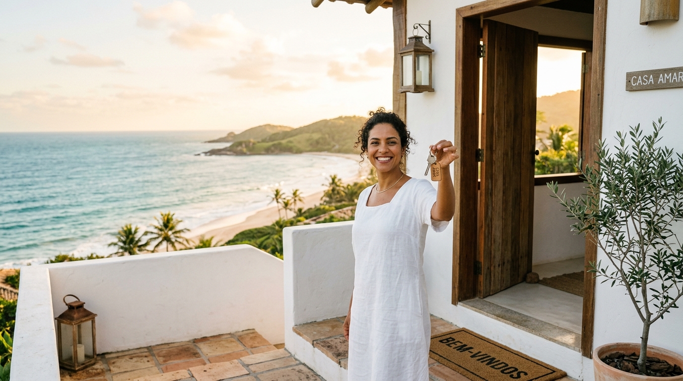 Fotografia de uma mulher sorridente segurando uma chave em direção à câmera. Ela tem cabelos cacheados escuros, veste um vestido branco leve e está em pé na varanda de entrada de uma casa de paredes brancas. A porta de madeira está aberta e, no chão, há um capacho com a palavra "Bem-vindos". Ao fundo, a paisagem exibe uma bela vista costeira com praia, mar azul e morros verdes, iluminada pela luz quente do entardecer.