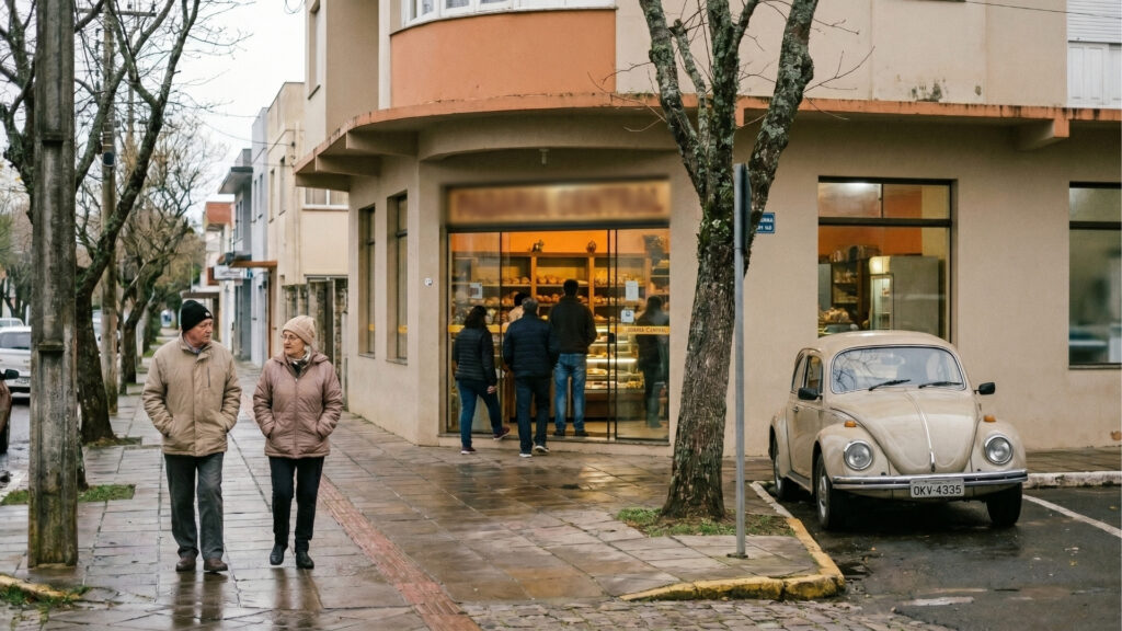 Fotografia de uma cena urbana em um dia frio e nublado. Em primeiro plano, um casal de idosos usando roupas de inverno (jaquetas grossas e touca) caminha por uma calçada de pedras úmidas após a chuva. Na esquina, funciona a "Padaria Central", um estabelecimento de bairro com vitrines de vidro que mostram algumas pessoas no balcão comprando pães. Estacionado na rua, bem em frente à padaria, há um clássico carro Fusca na cor bege. Árvores com poucas folhas completam o clima de outono ou inverno.