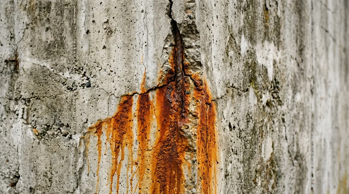 problemas estruturais imóvel de praia: Close-up detalhado do canto de uma estrutura de concreto cinza aparente sofrendo com severa deterioração. Uma rachadura vertical profunda na quina expõe uma barra de ferro interna totalmente corroída. Manchas densas de ferrugem em tom de escorrimento laranja-escuro cobrem a superfície porosa e áspera do concreto, evidenciando danos causados pela umidade e oxidação.