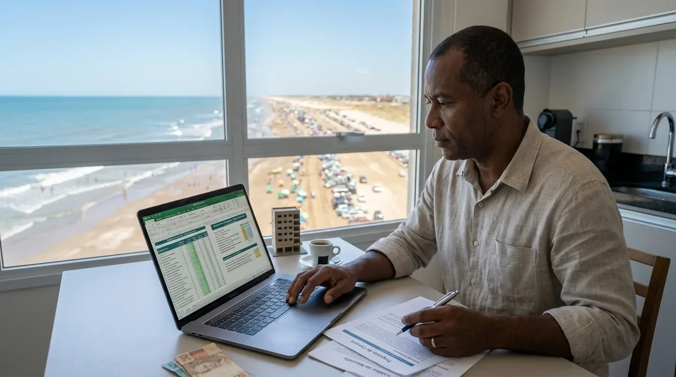 retorno aluguel temporada litoral gaúcho: Homem negro de meia-idade sentado à mesa de um apartamento moderno, focado no trabalho. Ele veste uma camisa de linho clara e olha atentamente para a tela de um notebook, onde está aberta uma planilha financeira no Excel. Uma de suas mãos está no trackpad do computador e a outra segura uma caneta sobre papéis impressos. Na mesa branca também há uma xícara de café expresso, uma miniatura de prédio e algumas cédulas de Real. Ao fundo, uma grande janela de vidro revela uma vista panorâmica de andar alto para uma praia movimentada e o oceano.