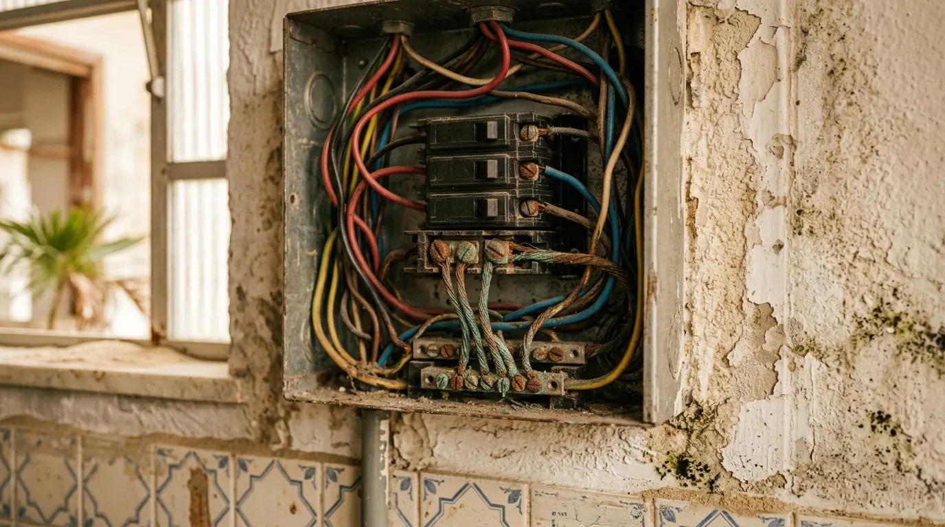 Close-up frontal de um quadro de distribuição elétrica residencial antigo, sem a tampa de proteção, fixado em uma parede interna deteriorada. Dentro da caixa metálica oxidada, observa-se uma fiação antiga e emaranhada nas cores vermelho, azul, amarelo e preto, conectada a três disjuntores pretos centrais (padrão NEMA). Os barramentos e parafusos exibem marcas visíveis de ferrugem e oxidação avançada. A parede ao redor apresenta reboque esfarelado, bolor e pintura descascada por infiltração, logo acima de uma fileira de azulejos decorados antigos.