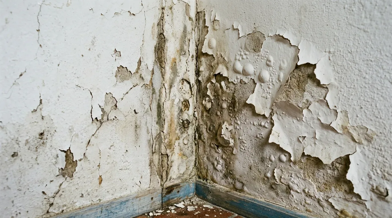 problemas estruturais imóvel de praia: Detalhe do canto de uma parede interna branca com graves problemas de infiltração e umidade. A tinta está estufada, formando bolhas e descascando em grandes pedaços, revelando o reboco esfarelado por baixo. Há manchas escuras de mofo e marcas amareladas de água espalhadas pela superfície. Na base, há um rodapé de madeira antigo pintado de azul desgastado.